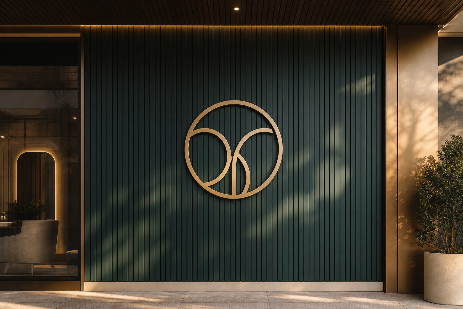 Fachada conceitual com painel verde-petróleo e símbolo dourado abstrato